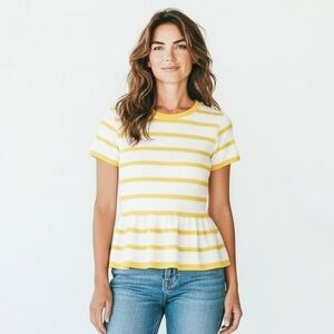LOFT Tan and Bright Yellow Stripe Peplum Top with Cap Sleeve